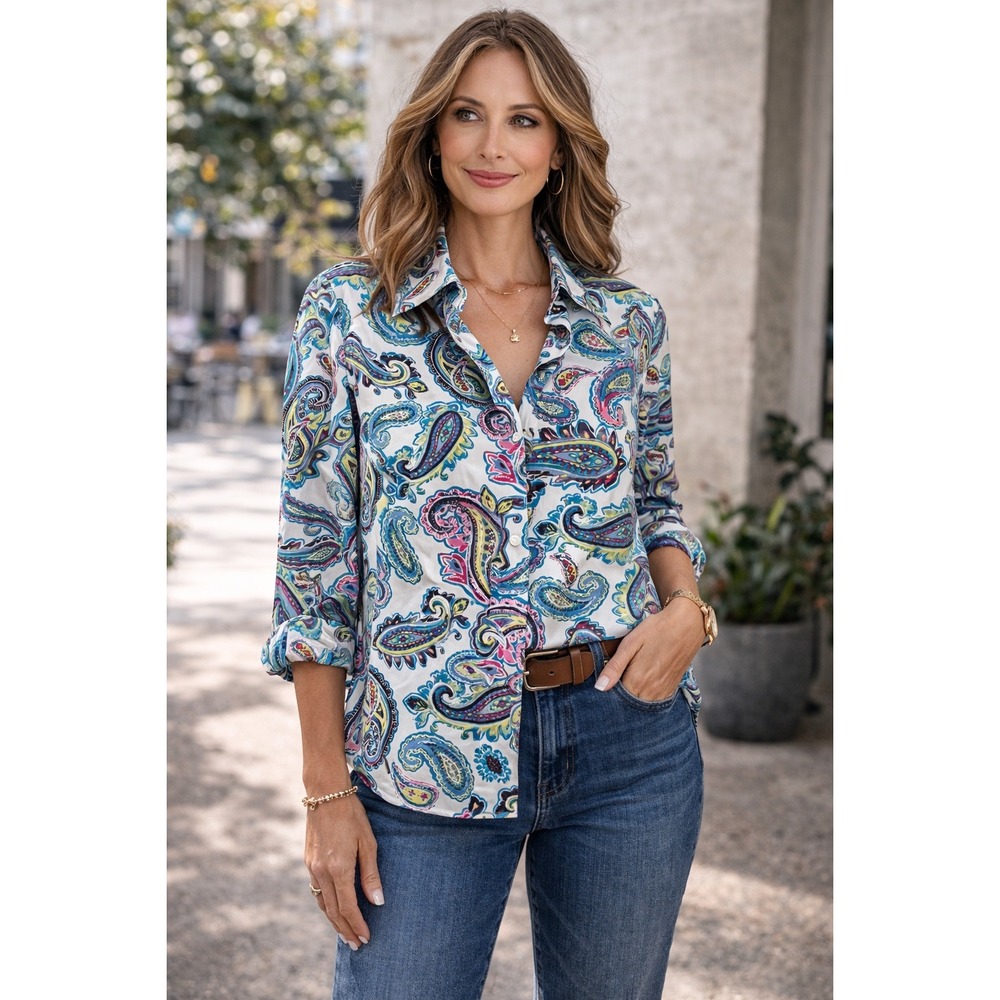 Kim Rogers Womens 1X Multi Color Paisley No Iron Cotton Button Down Shirt